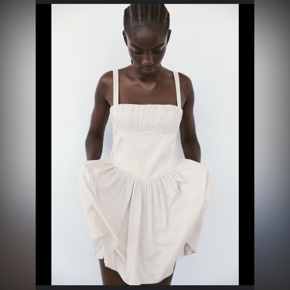 Zara Cotton Drop waist corset dress in beige color mini dress size large